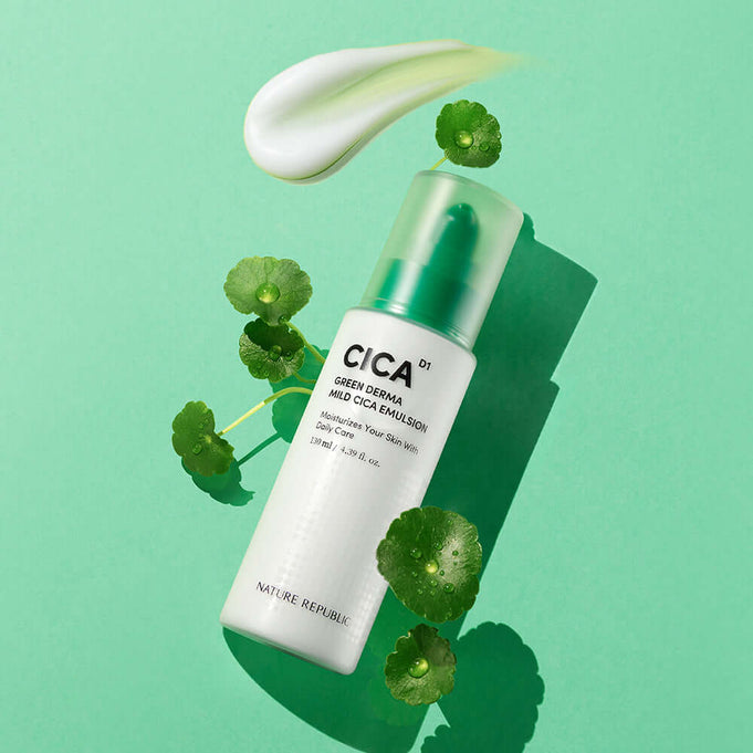 NATURE REPUBLIC Green Derma Mild Cica Emulsion 130ml bottle with green leaf design on mint background