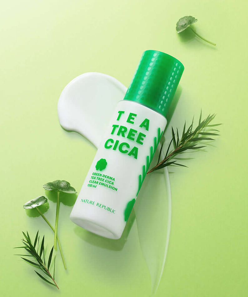 NATURE REPUBLIC Green Derma Tea Tree Cica Clear Emulsion 130ml bottle with tea tree leaves on a green background.