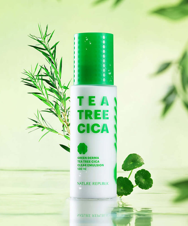 NATURE REPUBLIC Green Derma Tea Tree Cica Clear Emulsion 130ml bottle with green plant background for skincare