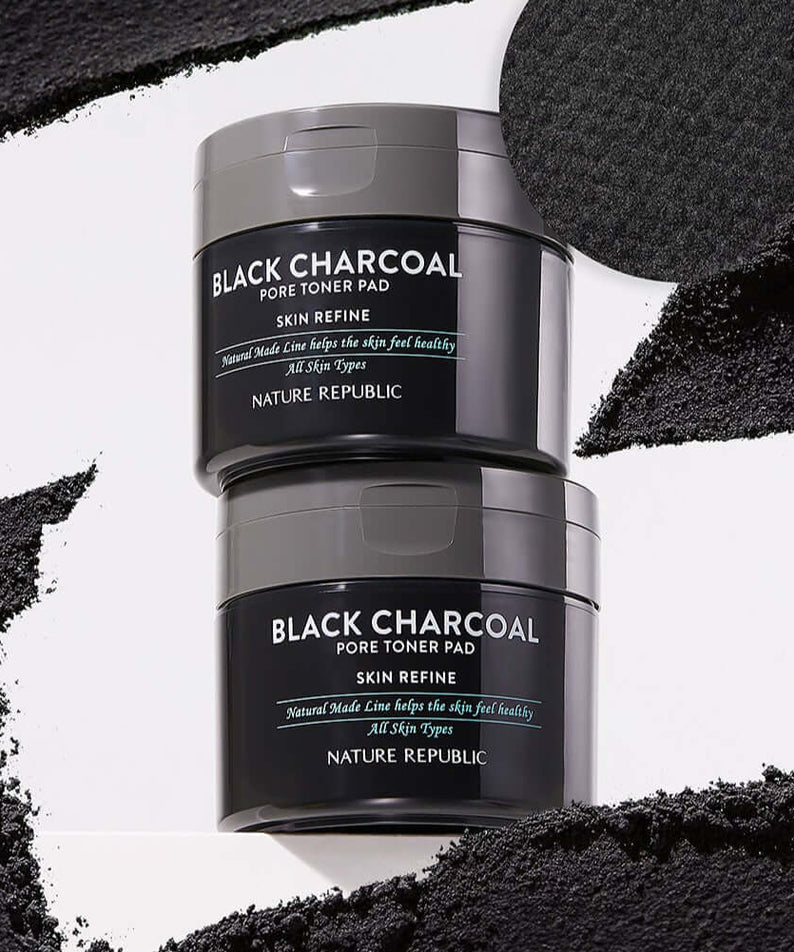 NATURE REPUBLIC Made Black Charcoal pore Toner Pads 100g - two jars with charcoal texture background