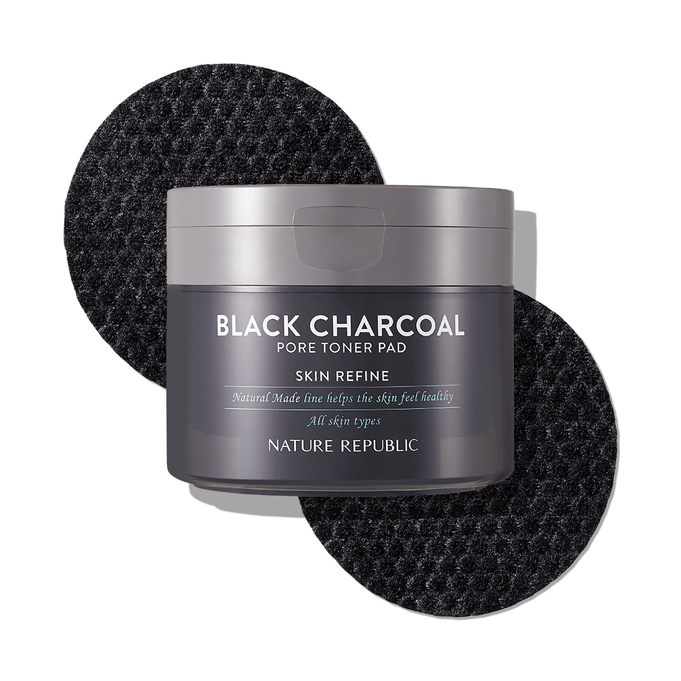 NATURE REPUBLIC Made Black Charcoal pore Toner Pads 100g showing packaging and texture