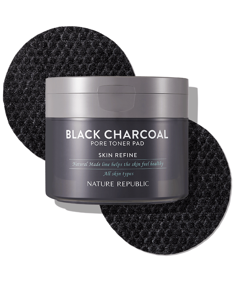 NATURE REPUBLIC Made Black Charcoal pore Toner Pads 100g showing packaging and texture