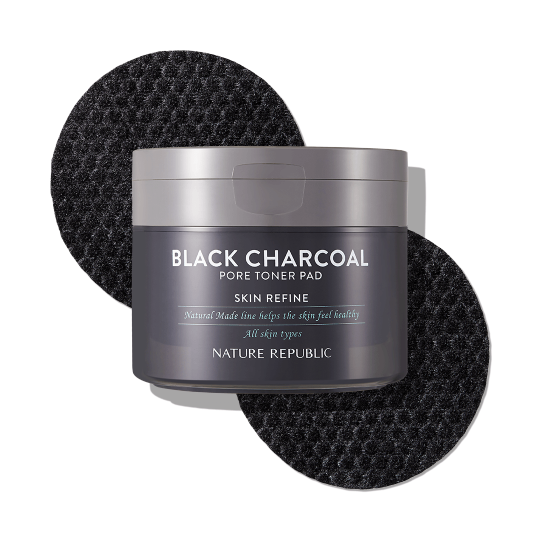 NATURE REPUBLIC Made Black Charcoal pore Toner Pads 100g showing packaging and texture