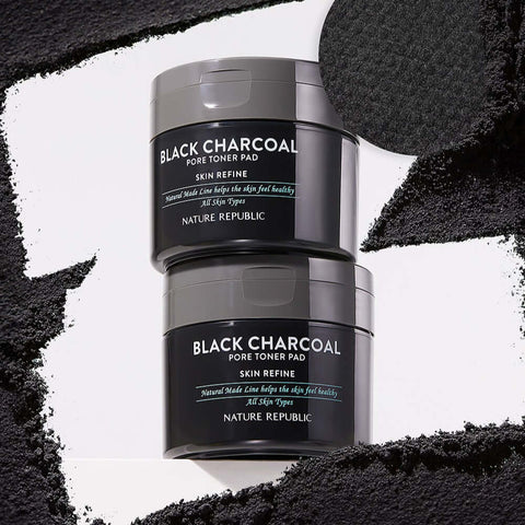NATURE REPUBLIC Made Black Charcoal pore Toner Pads 100g - two jars with charcoal texture background