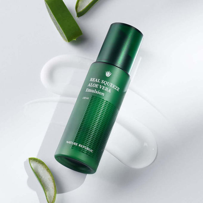 NATURE REPUBLIC Real Squeeze Aloe Vera Emulsion 130ml bottle with aloe slices on a white background