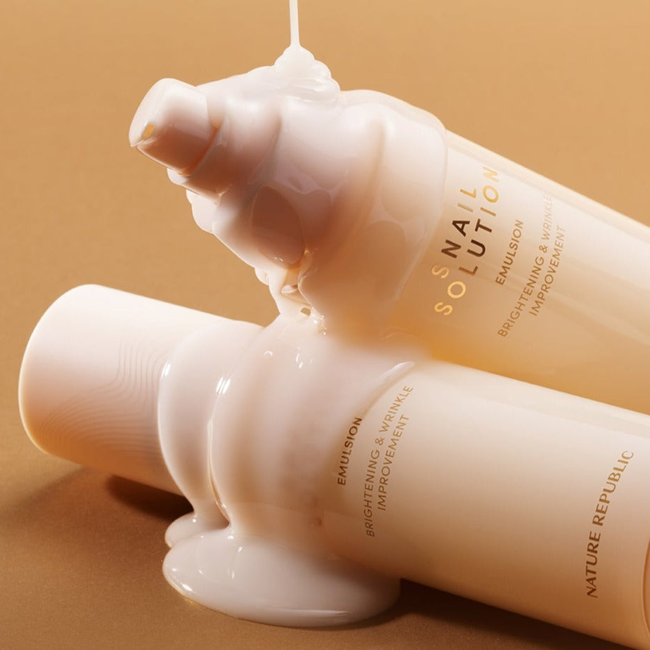 NATURE REPUBLIC Snail Solution Emulsion 120ml bottle with product pouring out for skin brightening and wrinkle improvement.