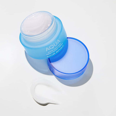 NATURE REPUBLIC Super Aqua Max Fresh Watery Cream 80ml in an open jar, showcasing its creamy texture on a white background.