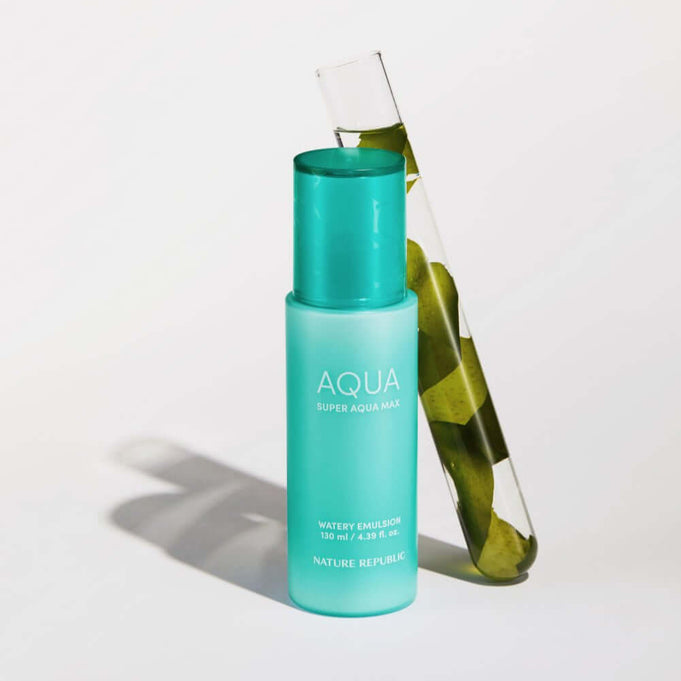 NATURE REPUBLIC Super Aqua Max Moisture Essece 50ml bottle with test tube in the background