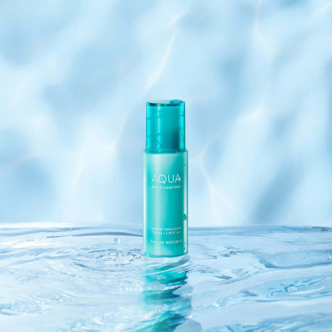 NATURE REPUBLIC Super Aqua Max Watery Emulsion 130ml bottle on water backdrop