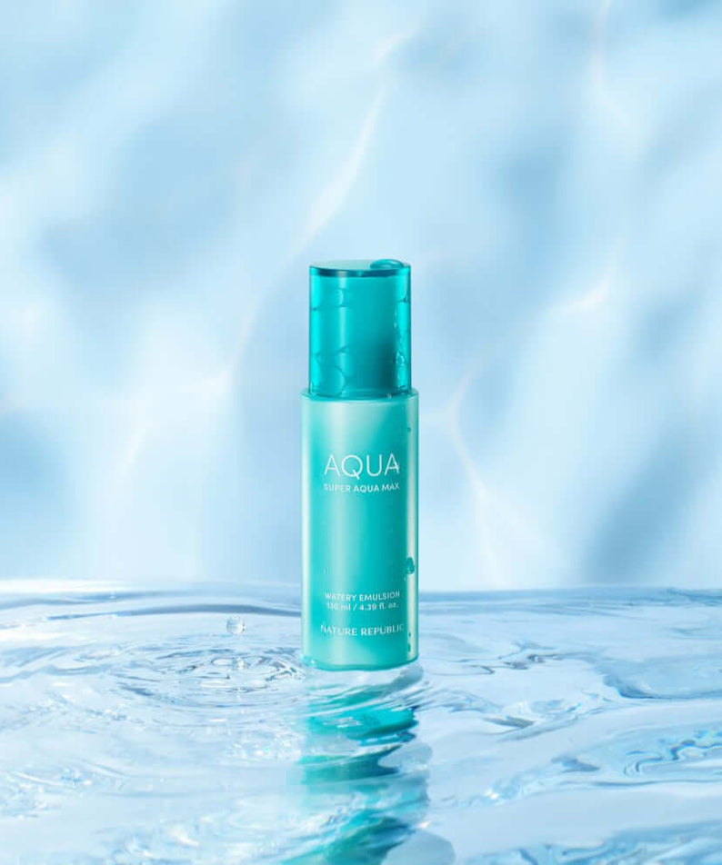 NATURE REPUBLIC Super Aqua Max Watery Emulsion 130ml bottle on water backdrop