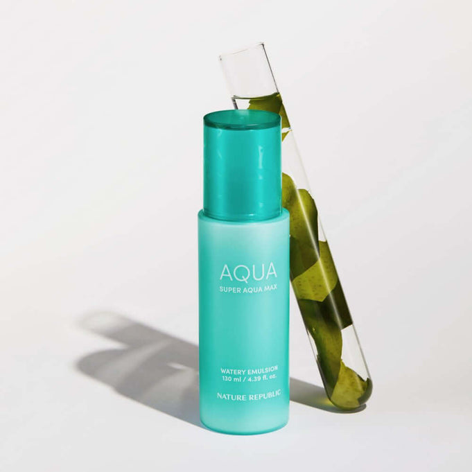 NATURE REPUBLIC Super Aqua Max Watery Emulsion 130ml product bottle next to a test tube with green leaves