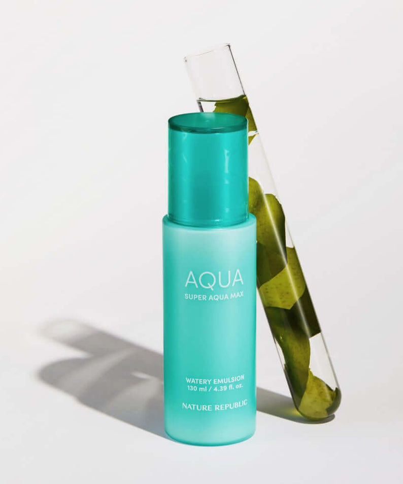 NATURE REPUBLIC Super Aqua Max Watery Emulsion 130ml product bottle next to a test tube with green leaves