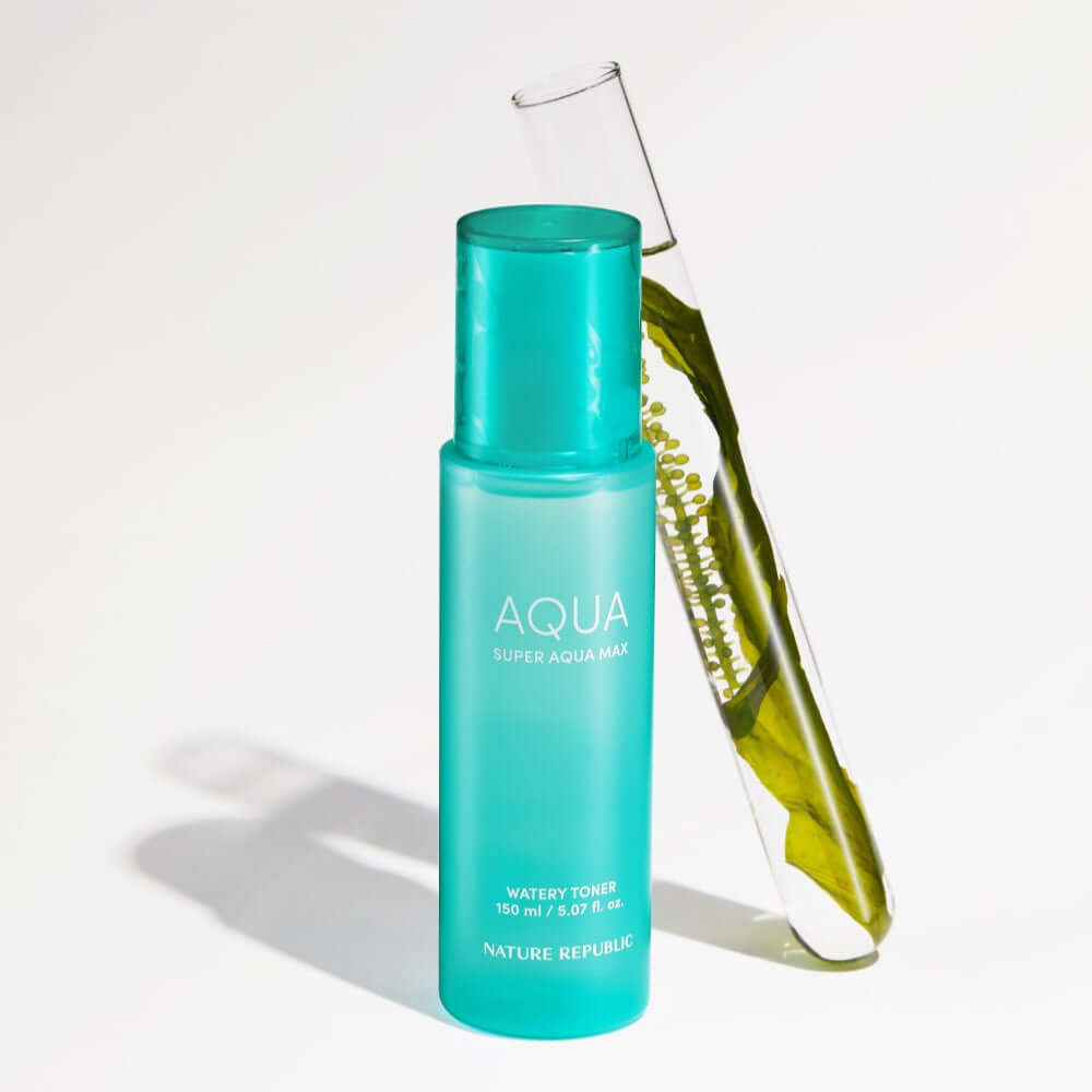 Image of NATURE REPUBLIC Super Aqua Max Watery Toner 150ml next to a test tube with greenery inside.