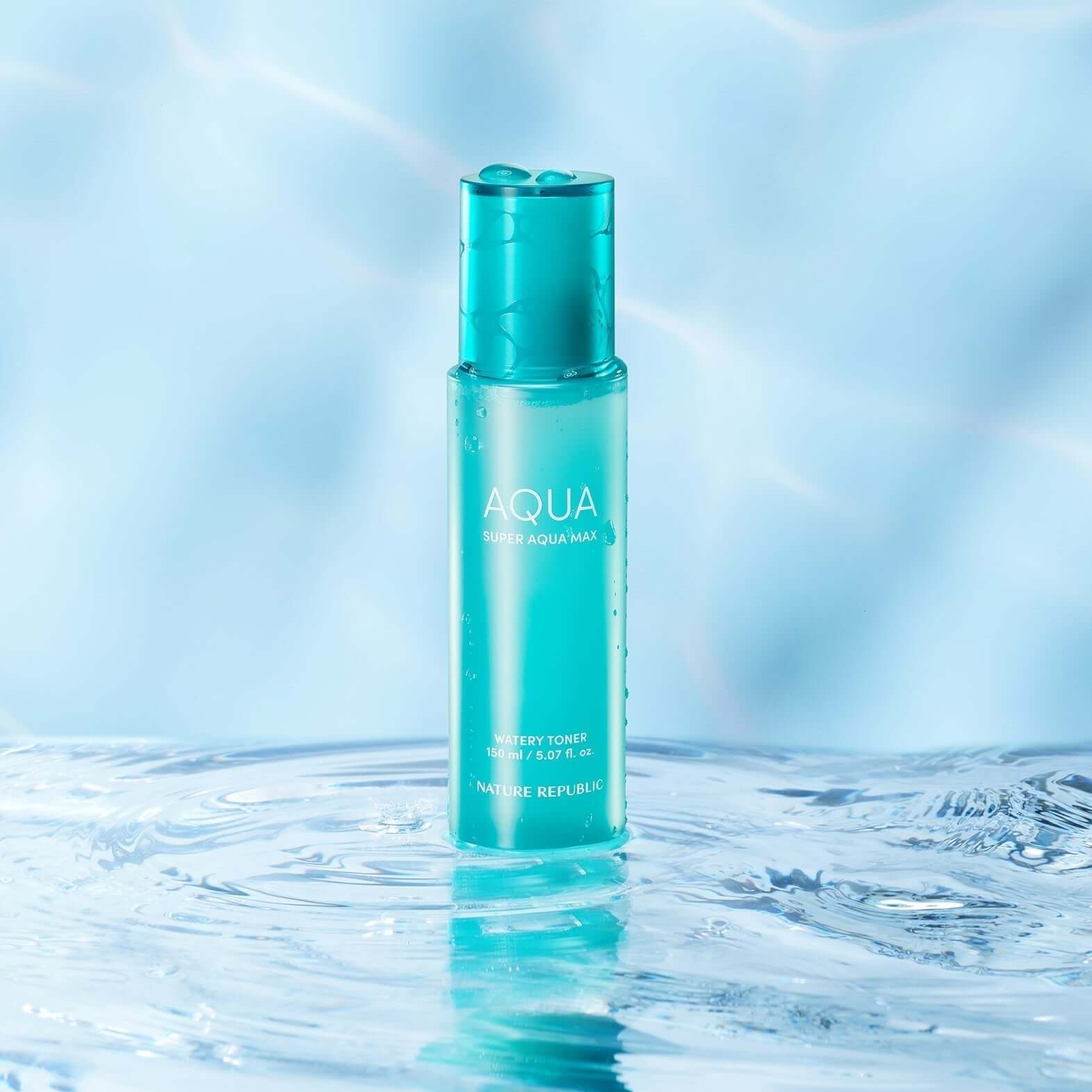NATURE REPUBLIC Super Aqua Max Watery Toner 150ml bottle displayed against a watery background, showcasing skincare product design.