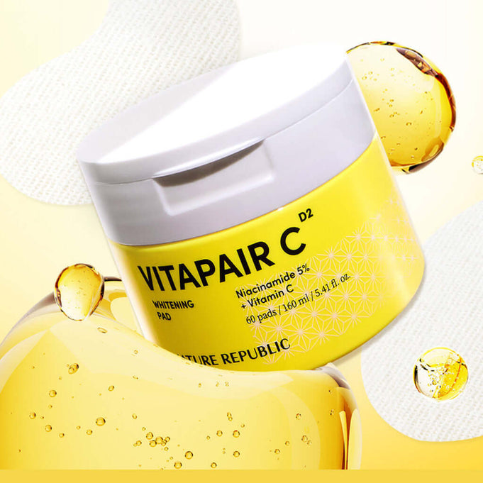 NATURE REPUBLIC Vitapair C Whitenning Pads 160ml with Vitamin C and Niacinamide for brightening, 60 pads per jar on a white background