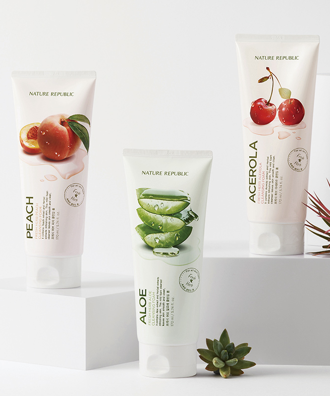 NATURE REPUBLIC Fresh Herb Foam Cleansing 170ml with fruits and aloe for radiant skin in a modern white packaging with succulent decor.