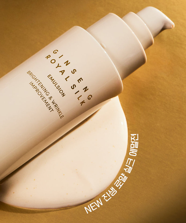 NATURE REPUBLIC Ginseng Royal Silk Emulsion 120ml bottle on gold background showcasing product texture