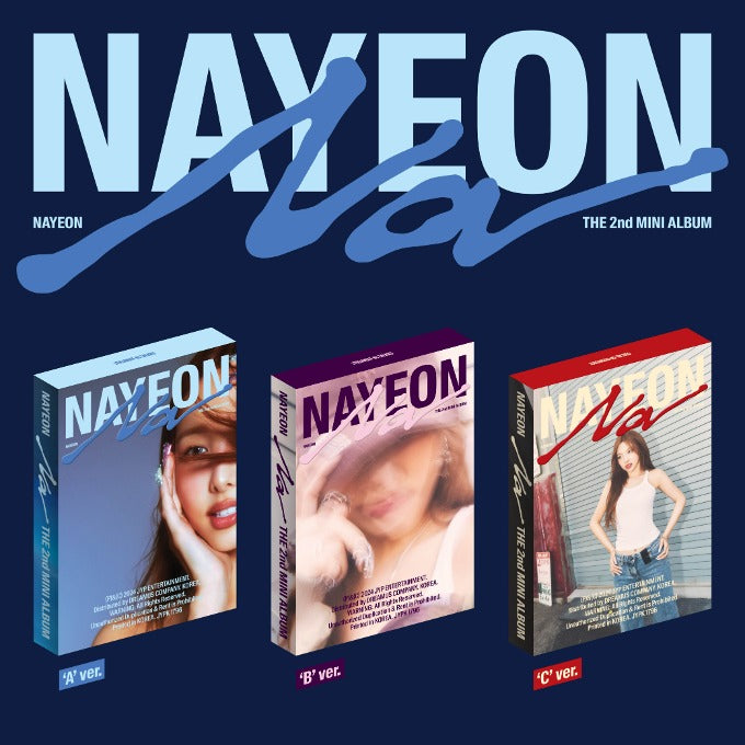 Cover image of NAYEON 2nd Mini Album 'NA' (Random Ver.), featuring different versions A, B, and C.
