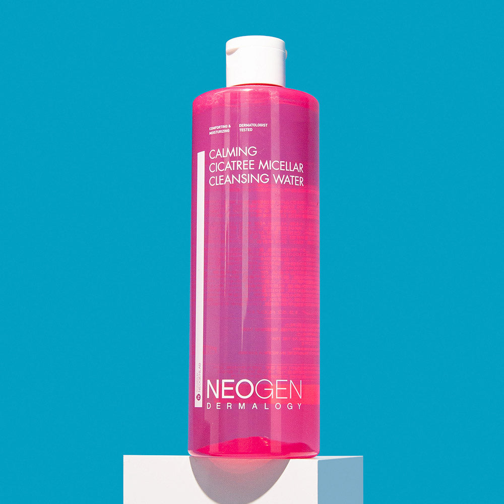 NEOGEN Calming Cicatree Micellar Cleansing Water 400ml bottle against a blue background