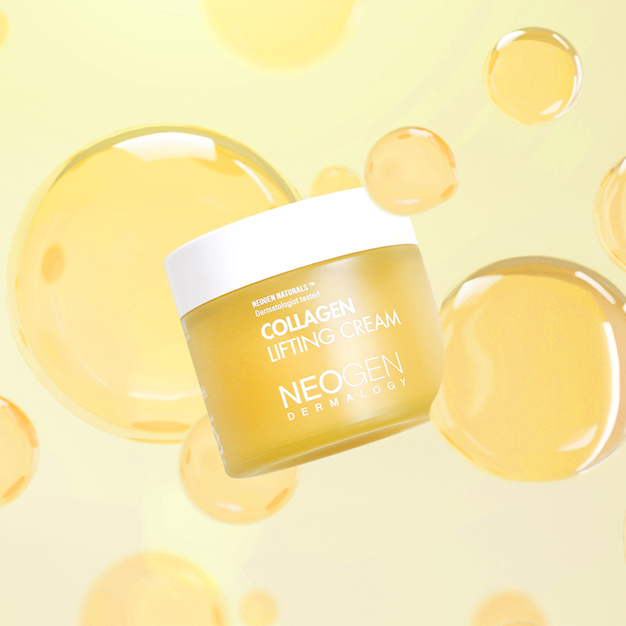 NEOGEN Collagen Lifting Cream 70ml in yellow packaging with collagen bubbles background