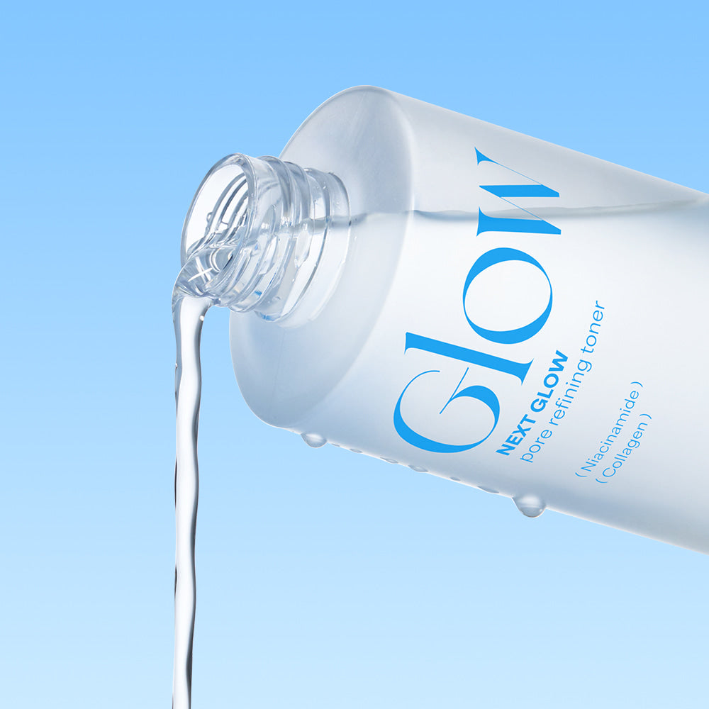 Bottle of NEOGEN Next Glow Pore Refining Toner 210ml being poured against a blue background