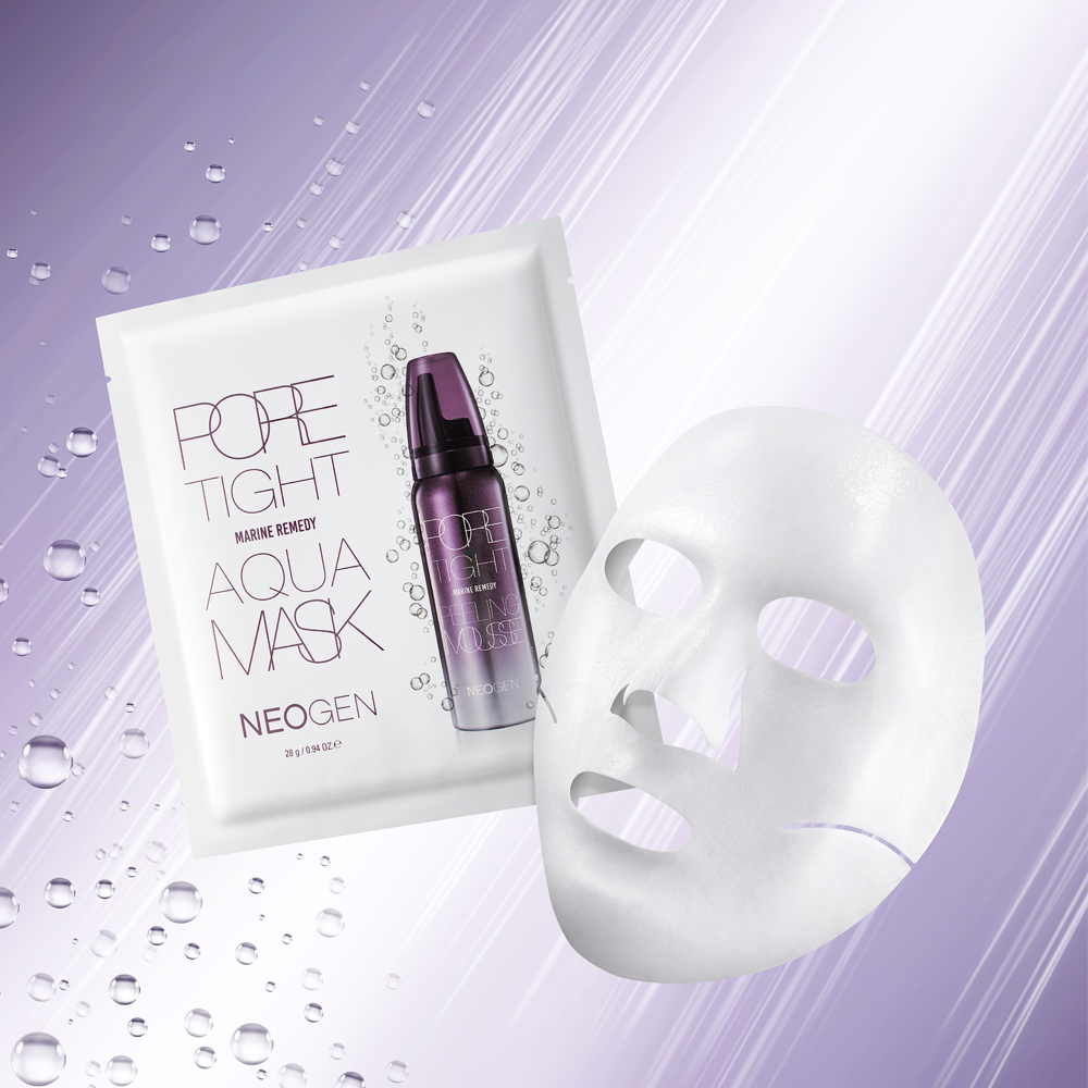 NEOGEN Pore Tite Aqua Mask 5 Pack displayed with a hydrating face mask on a light purple background with water droplets.