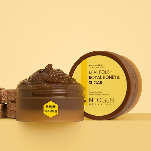 NEOGEN Real Polish Honey & Sugar 100g exfoliating product in a jar with brown paste and sugar cubes, enhancing smooth skin.