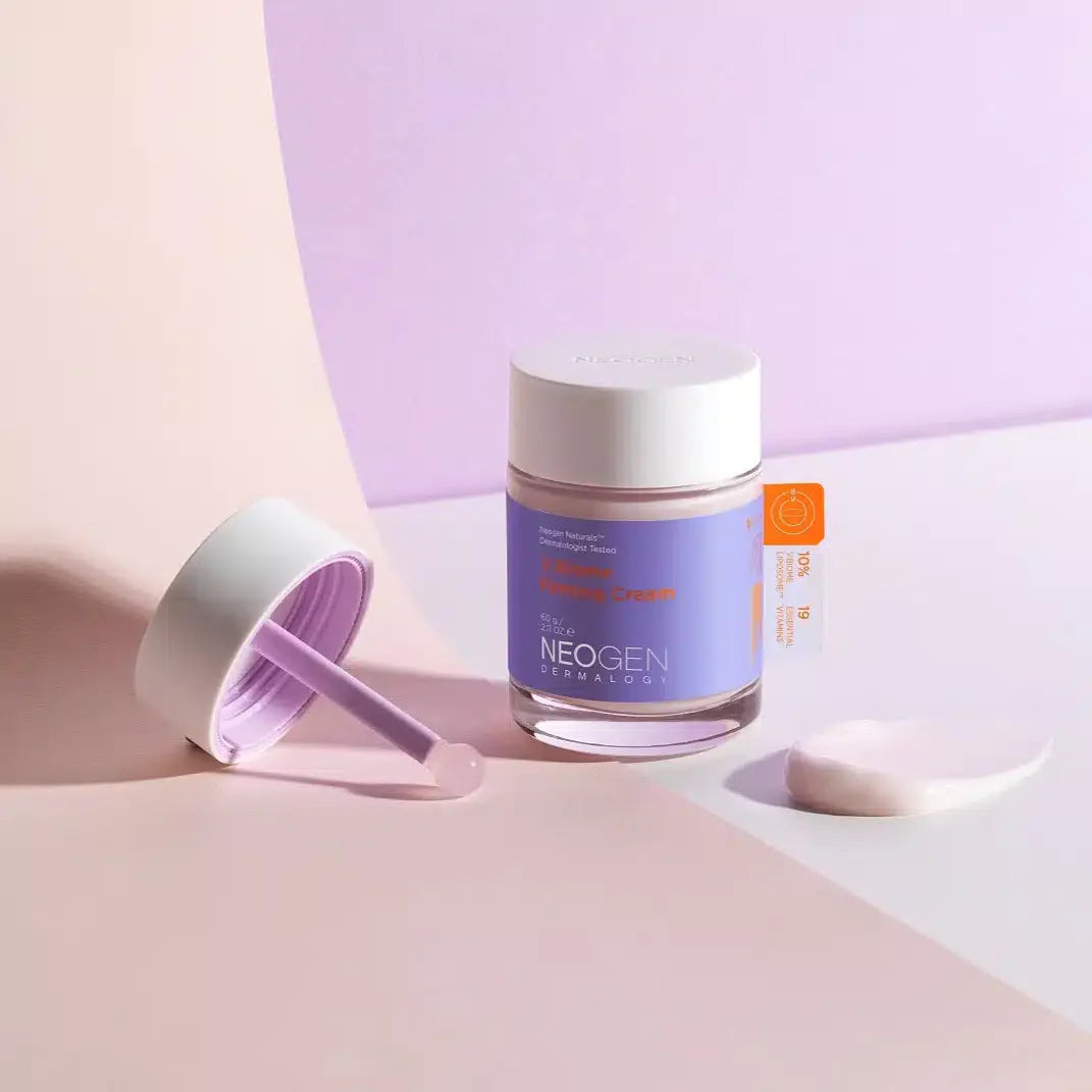NEOGEN V Biome Firming Cream 60g jar and cream texture on purple background