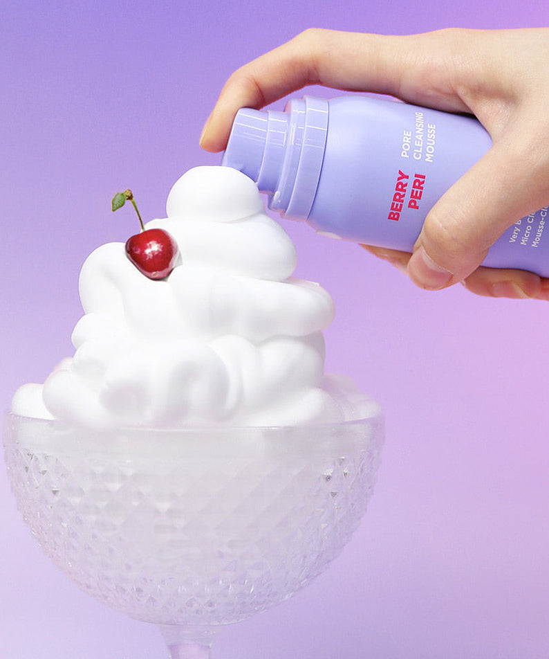NEOGEN Berry Peri Pore Cleansing Mousse 150ml in action with foamy texture, lavender background, and decorative cherry