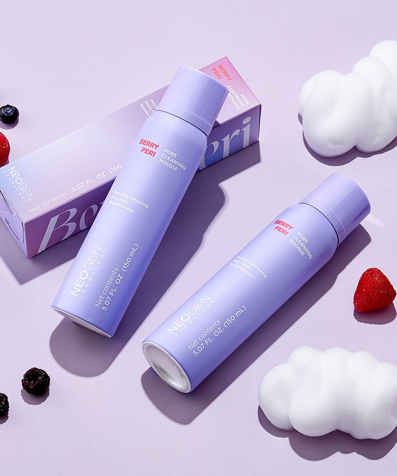 NEOGEN Berry Peri Pore Cleansing Mousse 150ml bottles with fruit and foam on lavender background