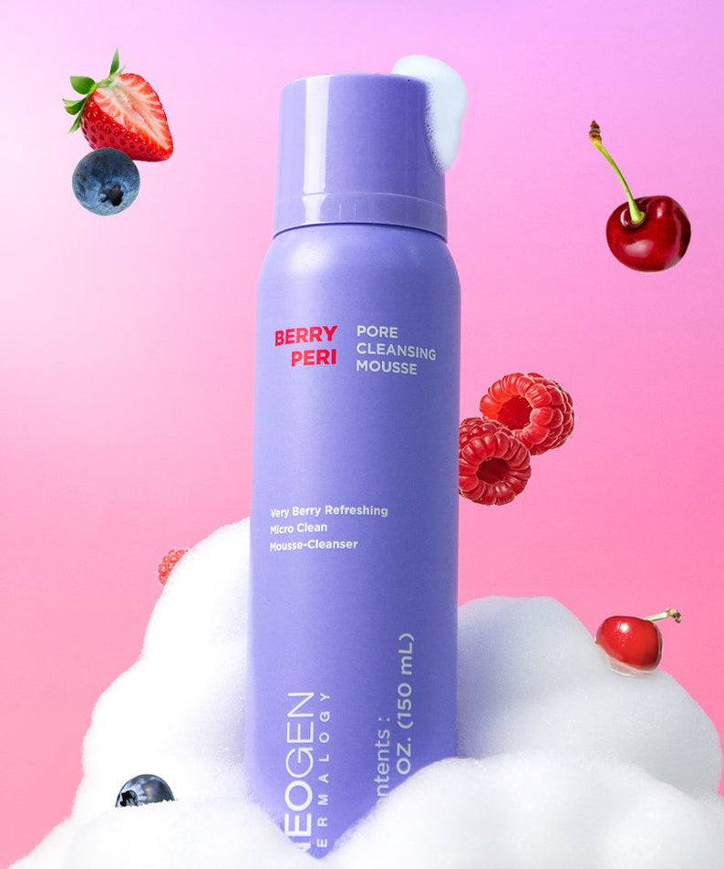 NEOGEN Berry Peri Pore Cleansing Mousse 150ml bottle with berry and foam background