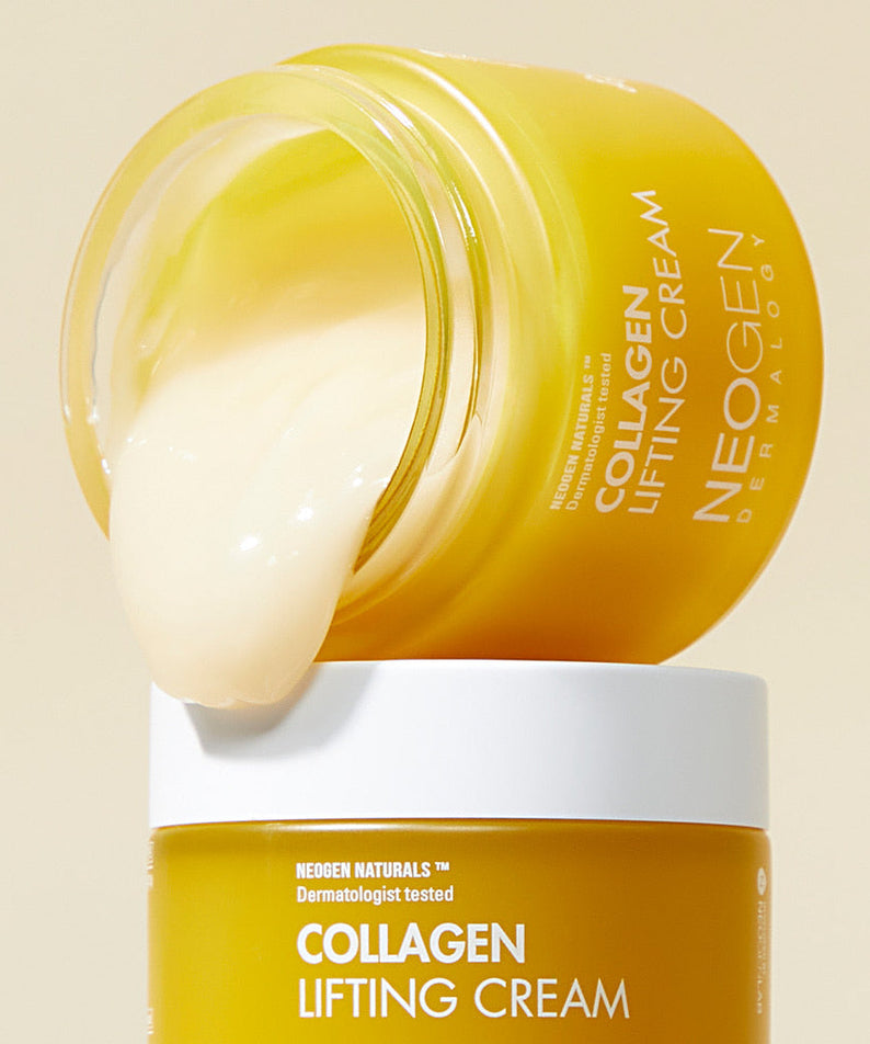 Open jar of NEOGEN Collagen Lifting Cream 70ml with cream flowing out