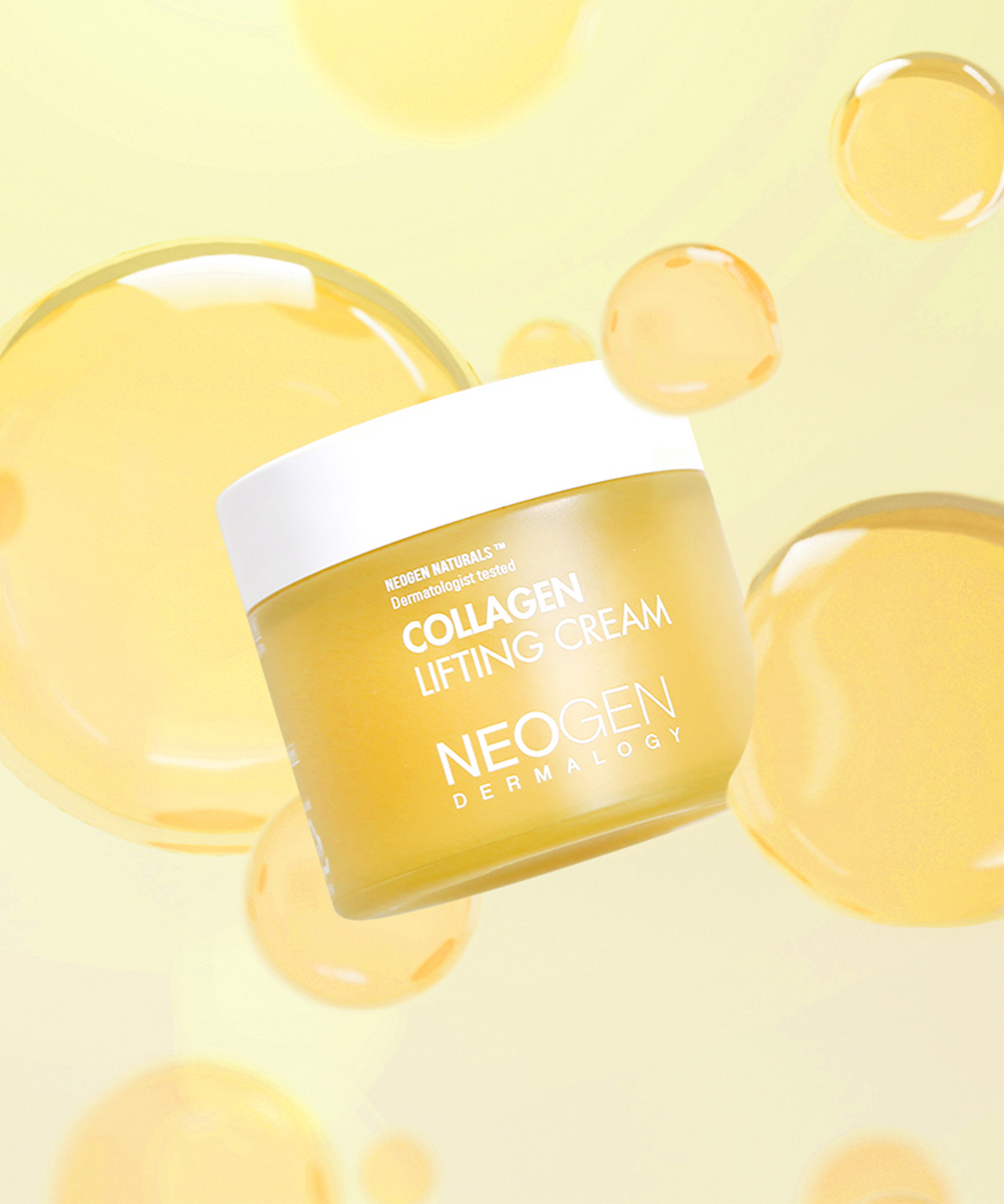 NEOGEN Collagen Lifting Cream 70ml in yellow packaging with collagen bubbles background