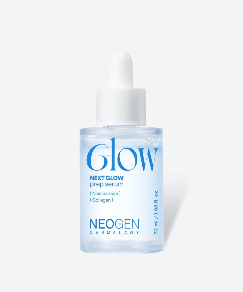 Bottle of NEOGEN Next Glow Prep Serum 32ml with dropper cap, featuring niacinamide and collagen for radiant skin care.