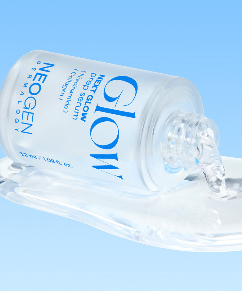 NEOGEN Next Glow Prep Serum 32ml bottle with serum pouring out against a blue background
