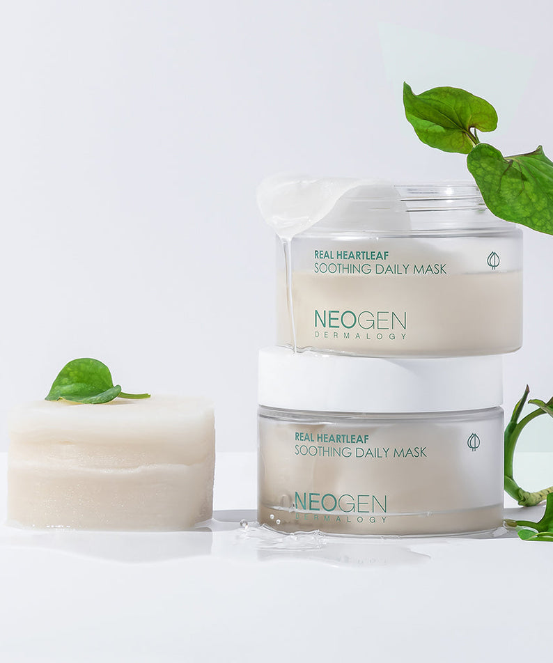 NEOGEN Real Heartleaf Soothing Daily Mask 40 Sheets shown with natural leaf accents on a clean white background.
