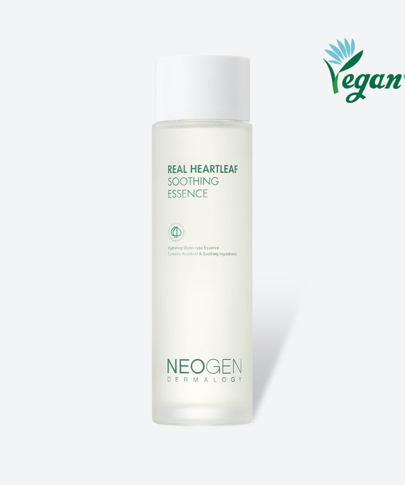 Image of NEOGEN Real Heartleaf Soothing Essence 150ml bottle with vegan label on a white background.