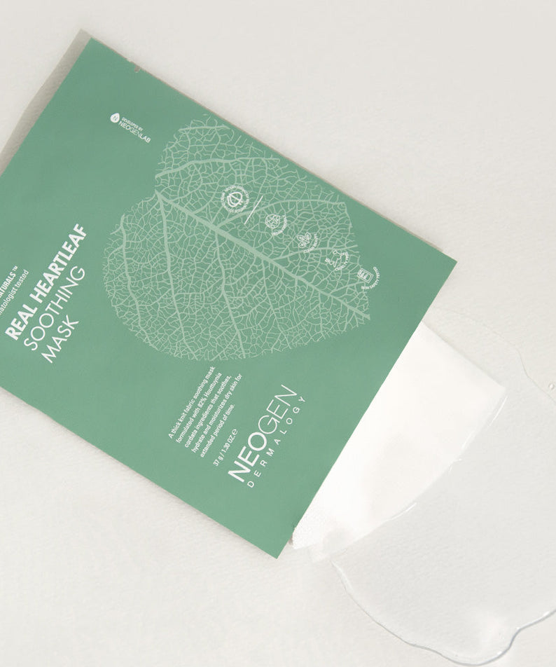 Image of NEOGEN Real Heartleaf Soothing Mask 5 Packs with packaging and sheet mask visible.