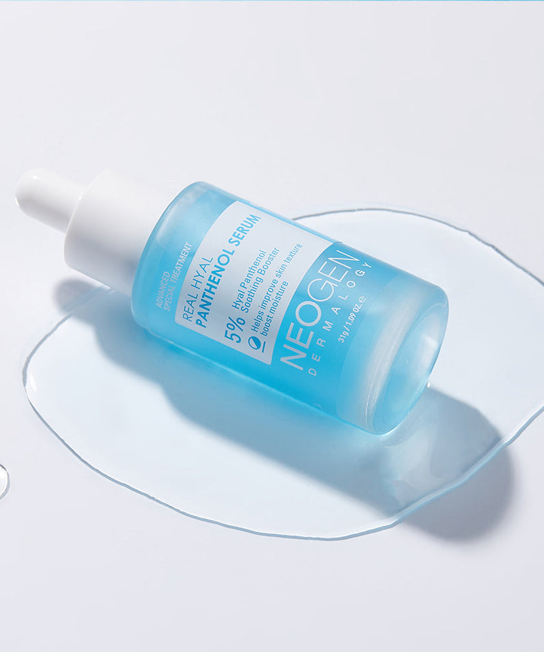 NEOGEN Real Hya Panthenol Serum 30ml bottle on white surface with liquid
