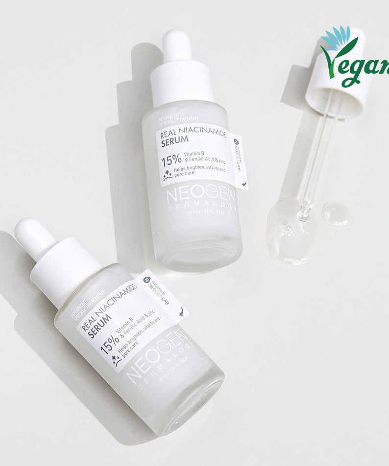 NEOGEN Real Niacinamide 15% Serum 30ml vegan skincare bottles with dropper on white background