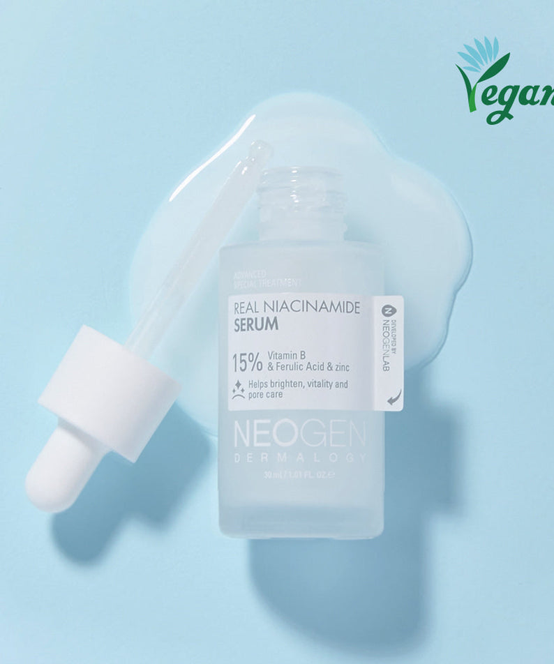 NEOGEN Real Niacinamide 15% Serum 30ml bottle with dropper on blue background.