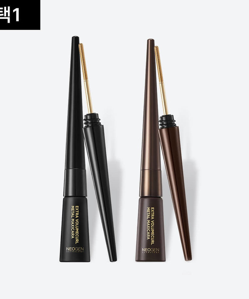 Black and brown NEOGEN Volumizing Metal Mascara 4ml tubes on a white background