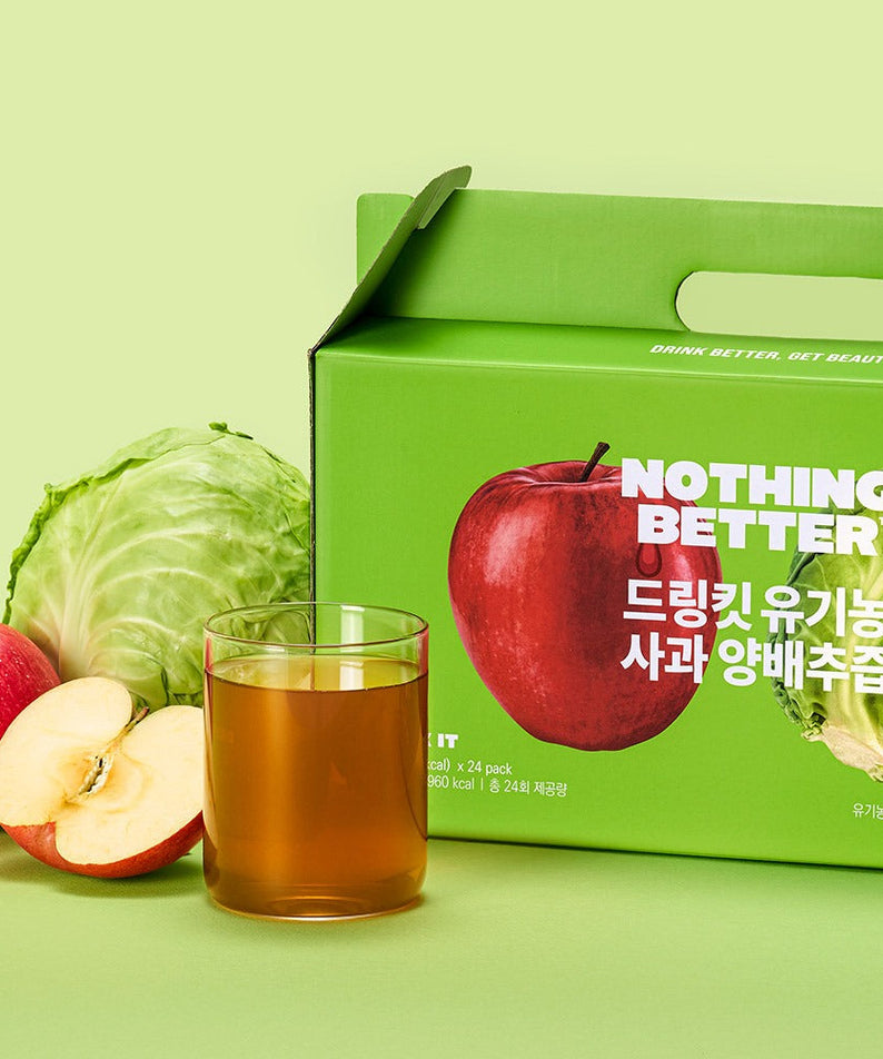 NOTHING BETTER Drinkit Organic Applr Cabbage Juice 100ml 24 Packets with apples and cabbage, featuring green packaging.