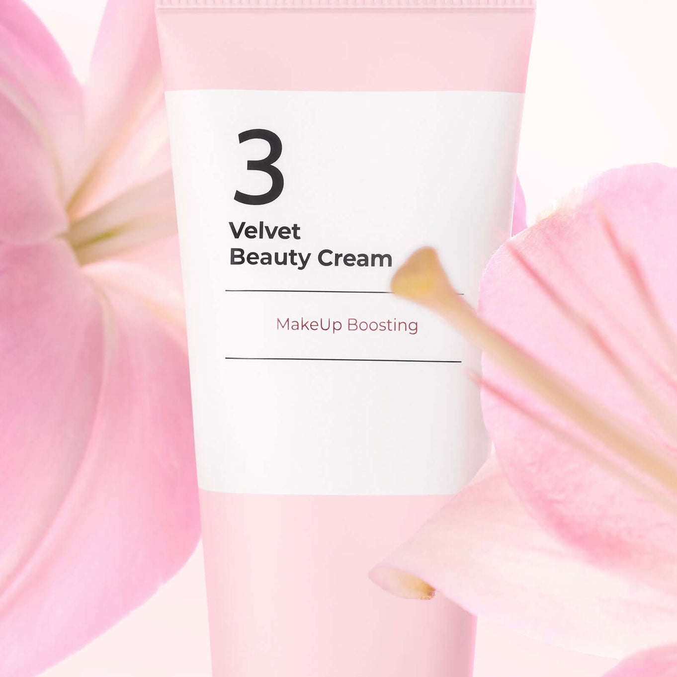 NUMBUZIN No.3 Velvet Beauty Cream tube with pink flowers, makeup boosting skincare product, elegant cosmetic packaging design.