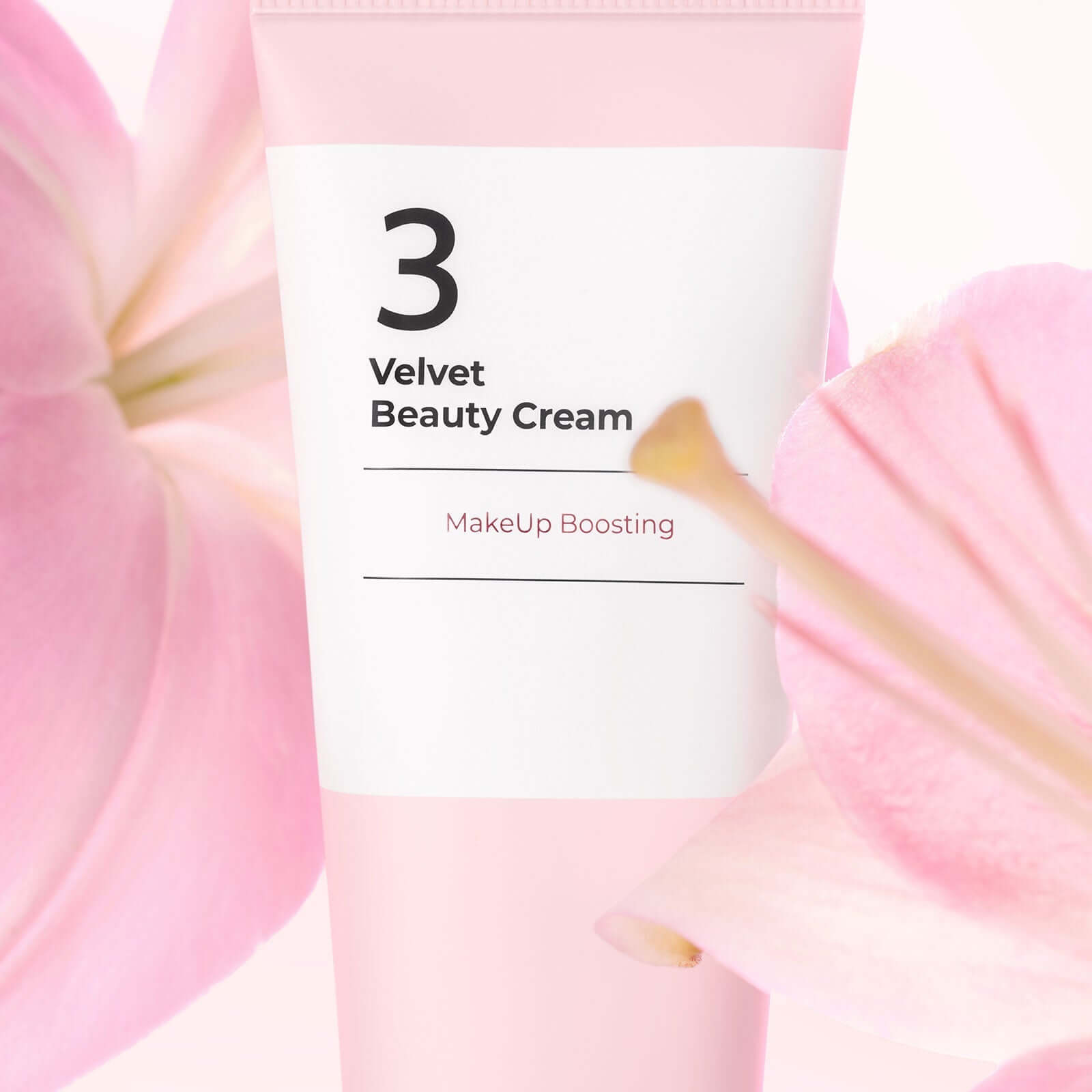 NUMBUZIN No.3 Velvet Beauty Cream tube with pink flowers, makeup boosting skincare product, elegant cosmetic packaging design.