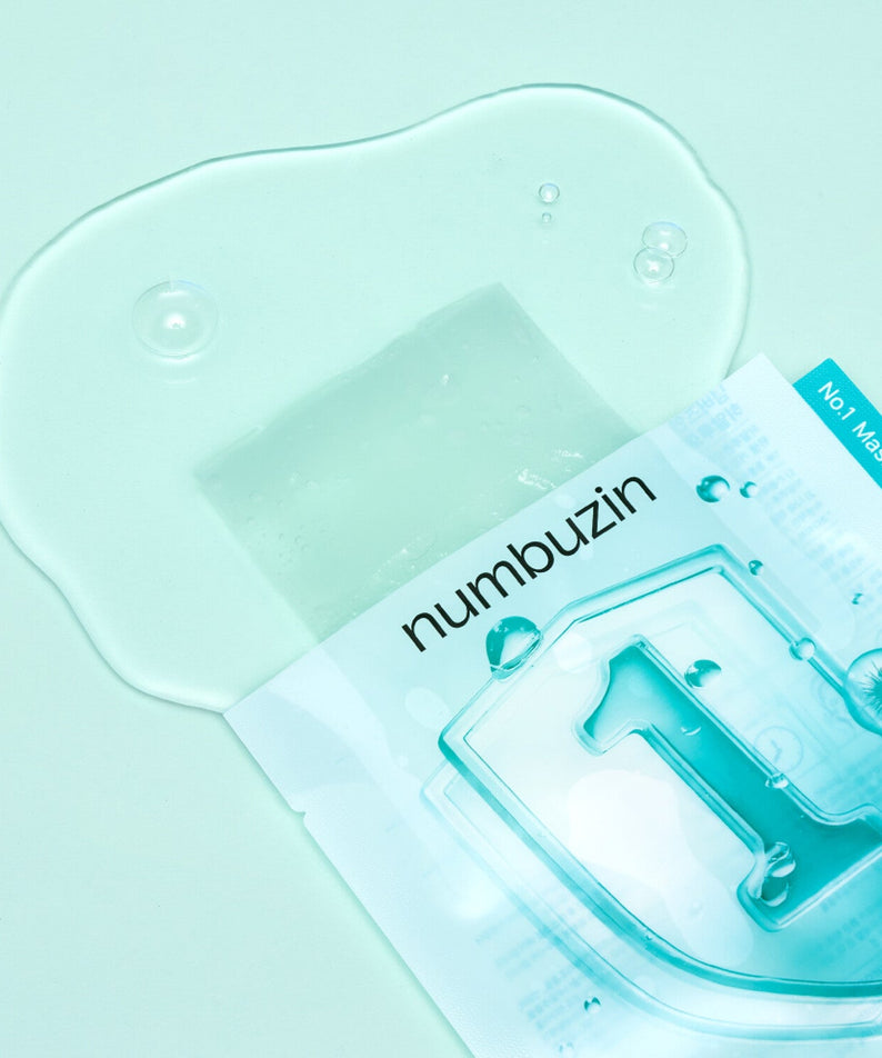 Pack of NUMBUZIN No.1 Hyaluronic Panthenic Acid Clear Soothing Gauze 10 sheets displayed with clear, soothing gel background.