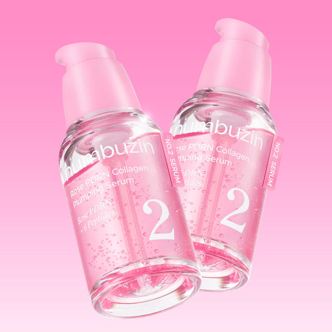 NUMBUZIN No.2 Rose PDRN Collagen Plumping Serum 30ml bottles on a pink background