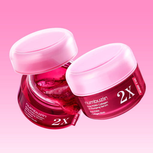 Two jars of NUMBUZIN No.2 Rose PDRN Collagen 2X Plumping Serum 30ml against a pink background