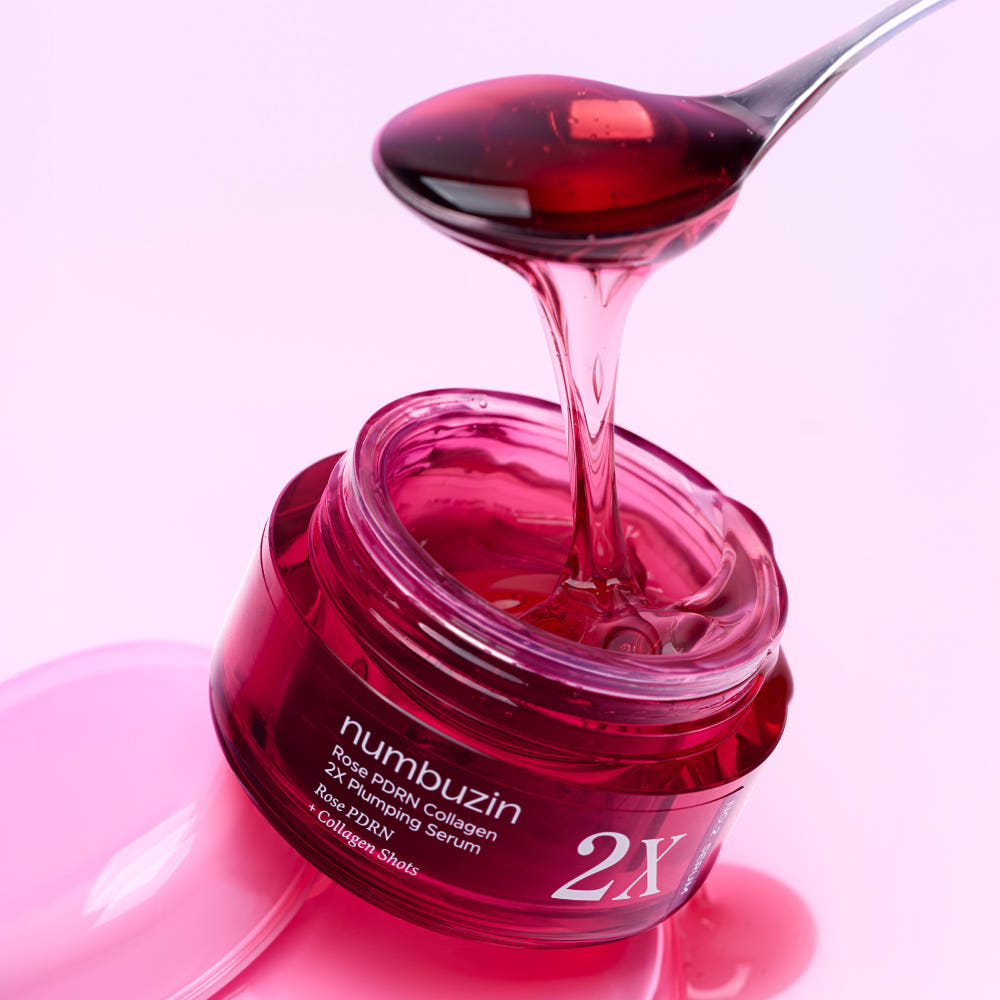 NUMBUZIN No.2 Rose PDRN Collagen 2X Plumping Serum 30ml with a spoon scooping serum from a jar, highlighting its texture and color.