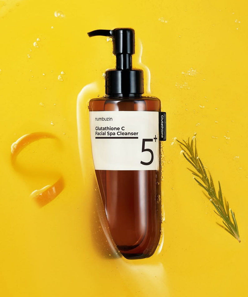 NUMBUZIN No.5 Glutathione C Aroma Massage Deep Cleanser 200ml with vibrant yellow backdrop and rosemary sprig
